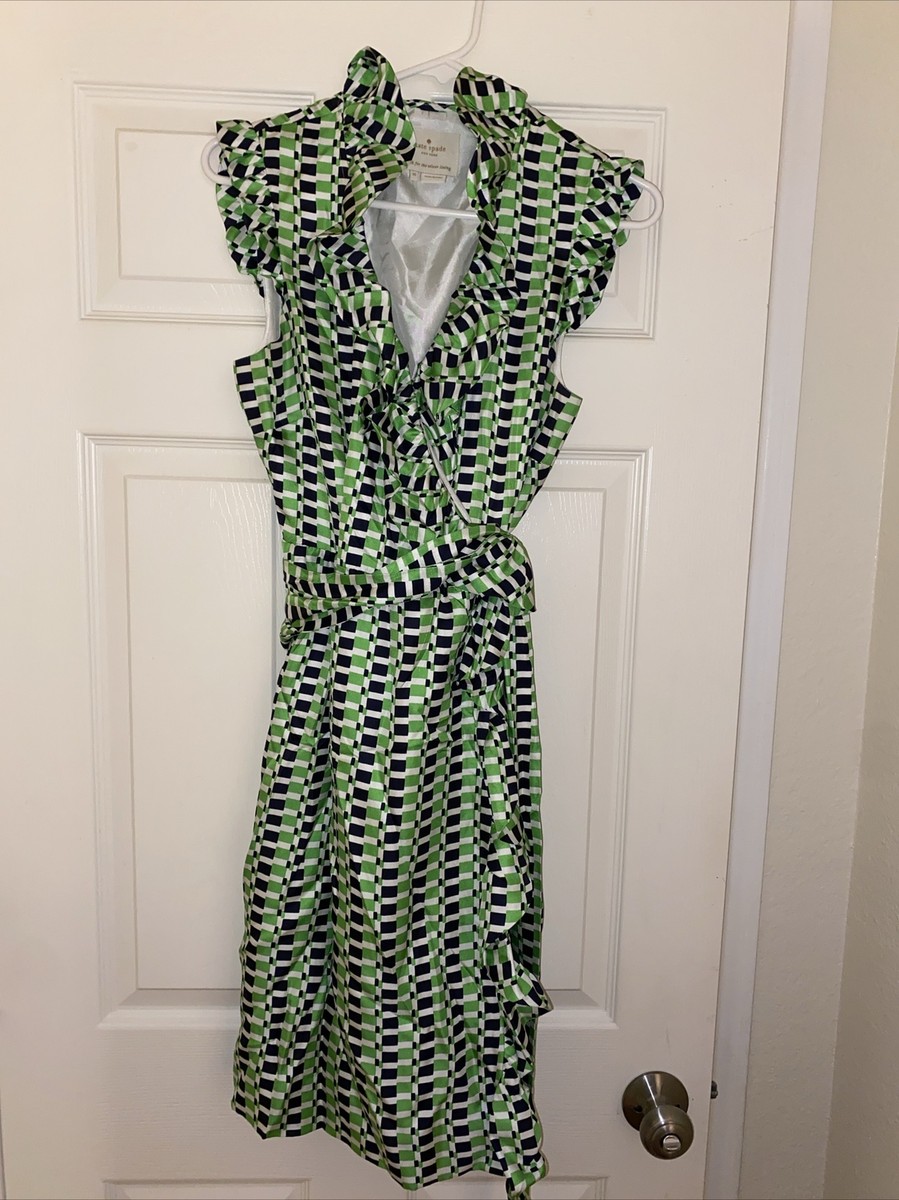 kate spade green striped dress $438 Womens Silk White Ruffle Wrap Tie Waist 10 summer-warehouse