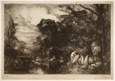 Old Master Print/Etching Classical Bathers w/Urn Signed in Print 19 x 27" ~1880s