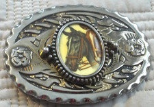 PORCELAIN HORSE HEADS CAMEO BELT BUCKLE SILVERTONE METAL WESTERN 3.75" x 2.75"
