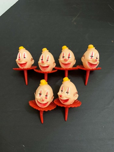 Vintage Plastic Clown Head Cupcake Pick Toppers Set of 6 - 第 1/3 張圖片