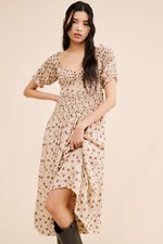 Free People Bali Juniper Smocked Floral Midi Dress Puff Sleeves Neutral Women 10