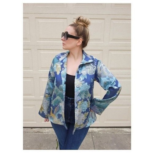 Johnny Was Women Avril Jacquard Blazer Jacket Floral Long Sleeve Blue Silver XS