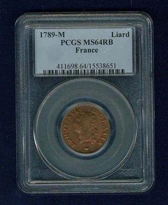 FRANCE LOUIS XVI 1789-M 1 LIARD COIN CHOICE UNCIRCULATED CERTIFIED PCGS MS64-RB - Image 1 of 4