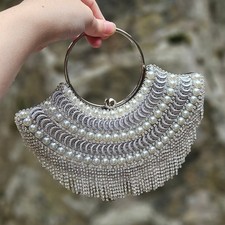 Stunning Silver-Tone Crystal Faux Pearl Beaded Clutch / Crossbody Bag