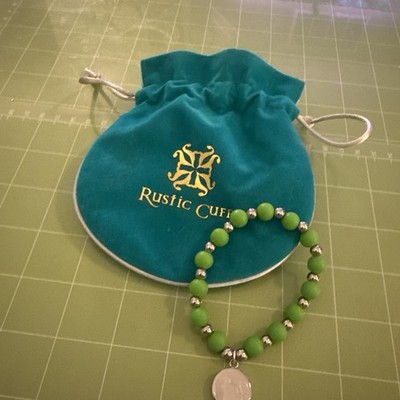 Rustic Cuff Green Beaded Bracelet with Cat Charm and Pouch