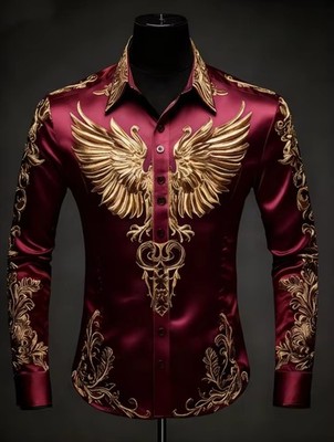 Men's Satin Burgundy Gold Embroidered Dress Shirt Long Sleeve Button-Front  | eBay