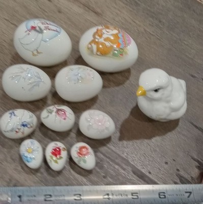 Set of ten vintage porcelain Painted easter Eggs & 1 baby chick w Floral Detail