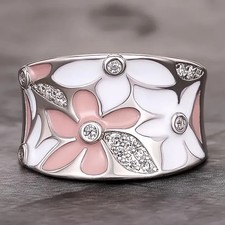 Geometric Silver Enamel Flower Ring with Cubic Zirconia for Women Gift