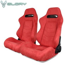 Universal Racing Seats Pair Reclinable Suede Dual Sliders Red