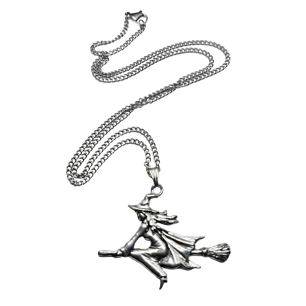Flying Witch Pendant Pewter Necklace Broomstick Halloween Jewellery & Velvet Bag