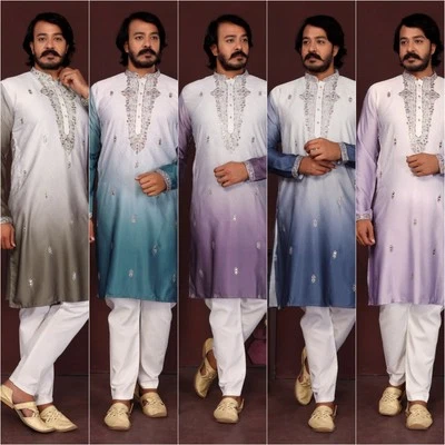 Ensemble Kurta Pajama Homme Traditionnel Indien Coton Bleu Pour Mariage - Photo 1/4