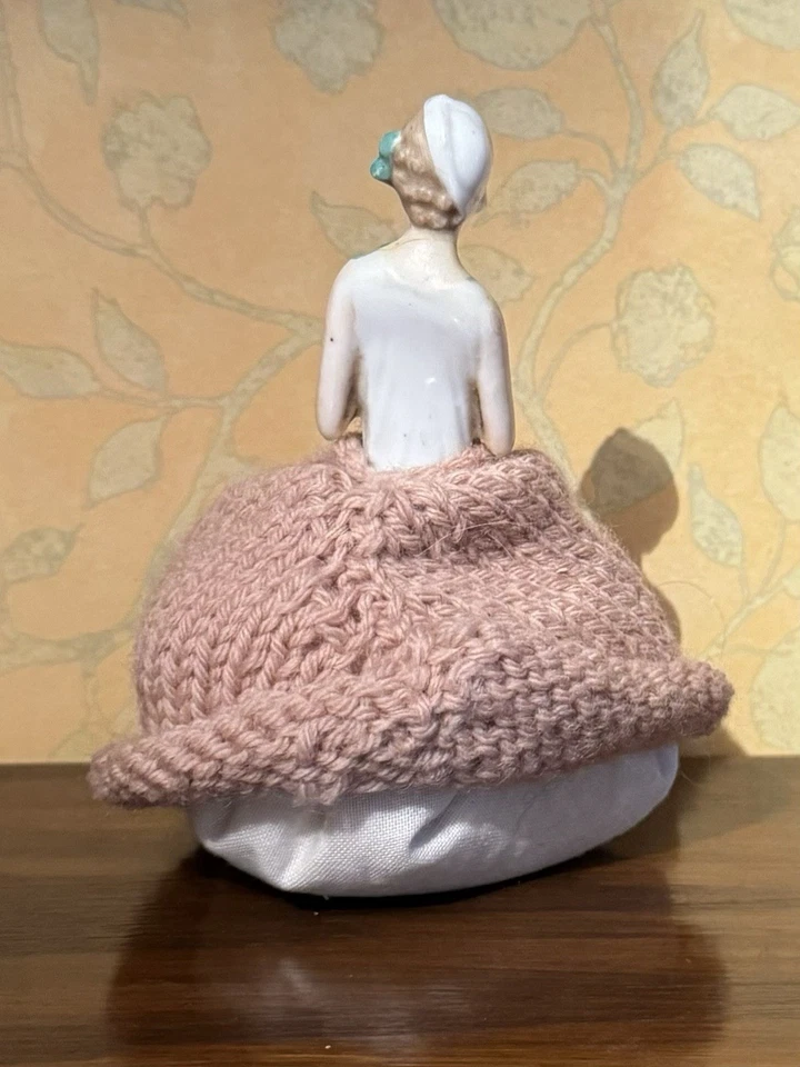 Vintage Half Doll China Pottery Figurine Fabric Base Pin Cushion #SPR174 - Image 3 of 3