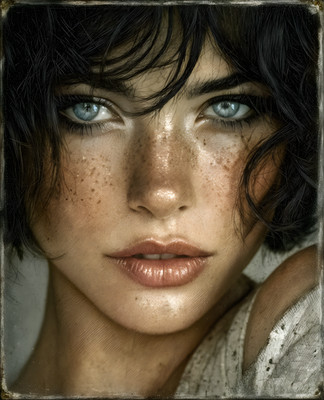 Extreme Close-Up of Freckled Blue-Eyed Brunette Print - 272362361
