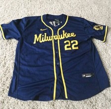 Nike Milwaukee Brewers Christian Yelich 22 Navy 50th Season Jersey Men's 56.