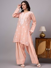 Women's Light Peach Chanderi Chikankari Kurta Farshi Salwar Set, Ethnic Set