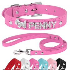 Personalized Leather Dog Puppy Collar Leash Set Bling Rhinestone Free Name Charm