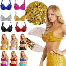 US Women's Sparkle Sequins Beading Bra Top Club Wear Belly Dancing Costume