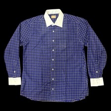 Vintage Gitman Gold Oxford Dress Shirt Large Royal Blue White Plaid Made In USA