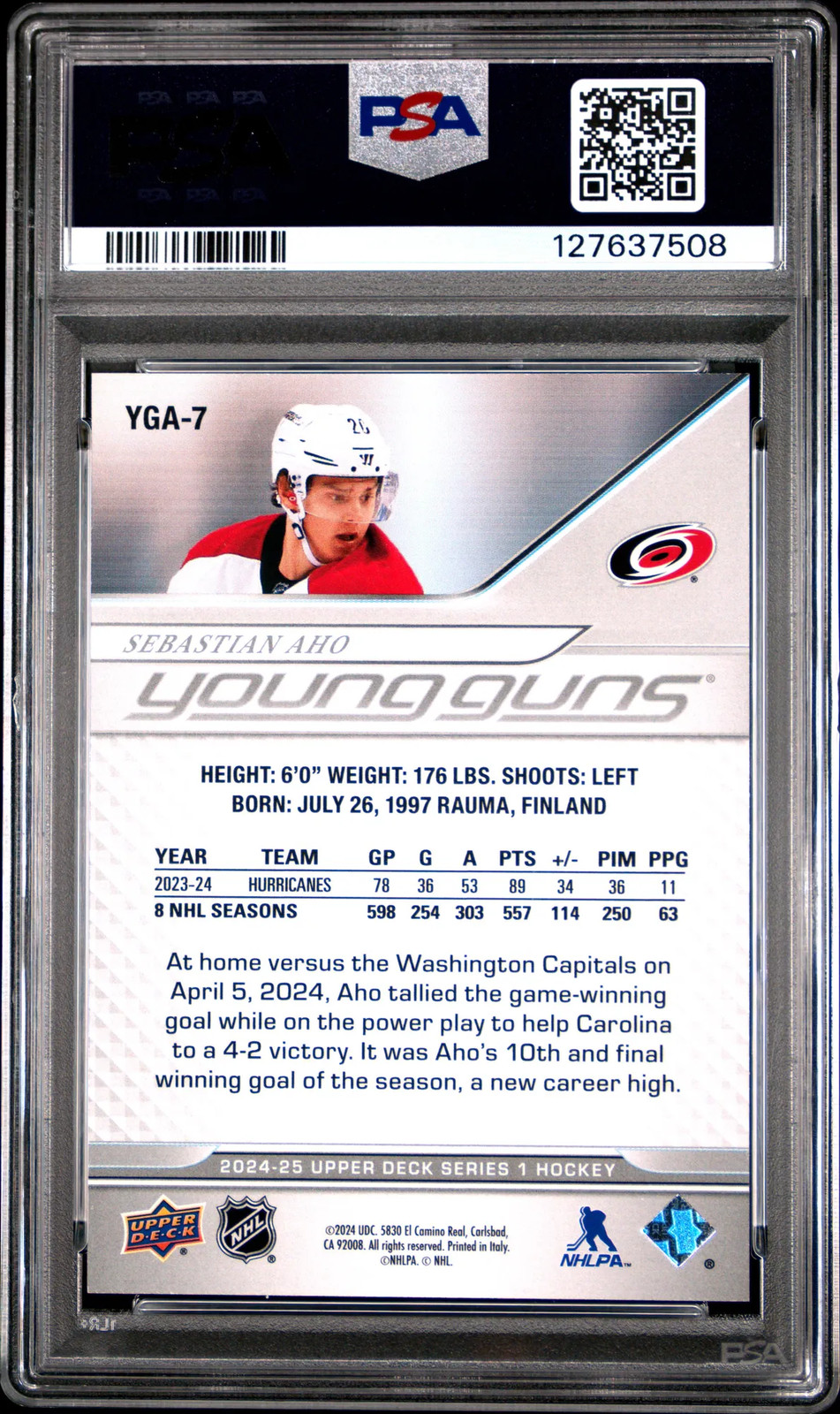 2024-25 Upper Deck Young Guns Sebastian Aho #YGA7 Exclusives 092/100 PSA 8 view 2