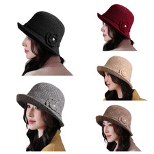 Women Crochet Bucket Hat, Vinatge 1920s Winter Warm Knitted Hat with Flower