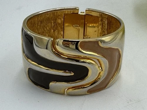 PIERRE CARDIN bracelet cuff enamel 60's Vintage Gold Brown Tan Rare Old Stock