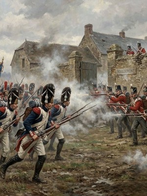 Waterloo 1815 Die Briten verteidigen Hugomont Hill 10 x 8 Zoll Druck.