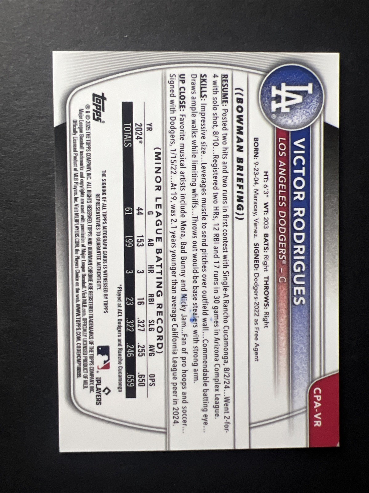 VICTOR RODRIGUES 2025 BOWMAN CHROME 1ST SPECKLE AUTO /299 #CPA-VR view 2