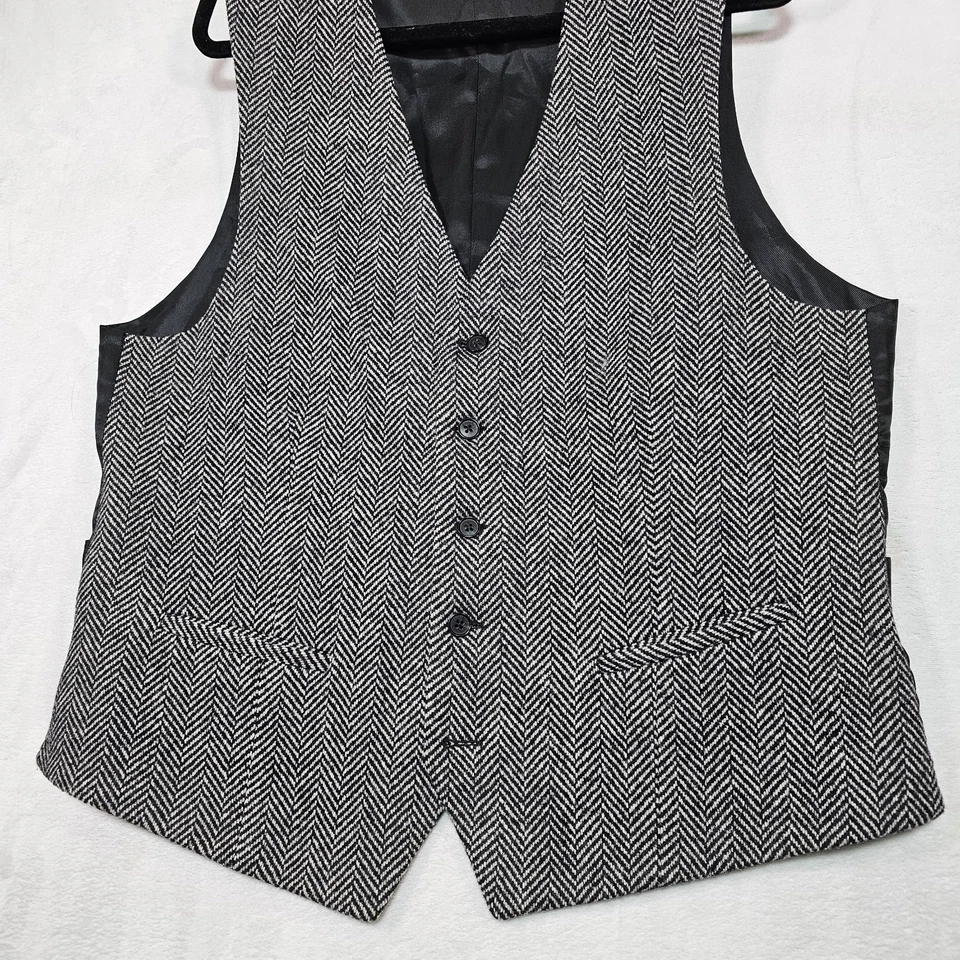 Waistcoat Dress Vest Mens L Grey Black Herringbone Wool Tweed Canada Adjustable - Image 3 of 4