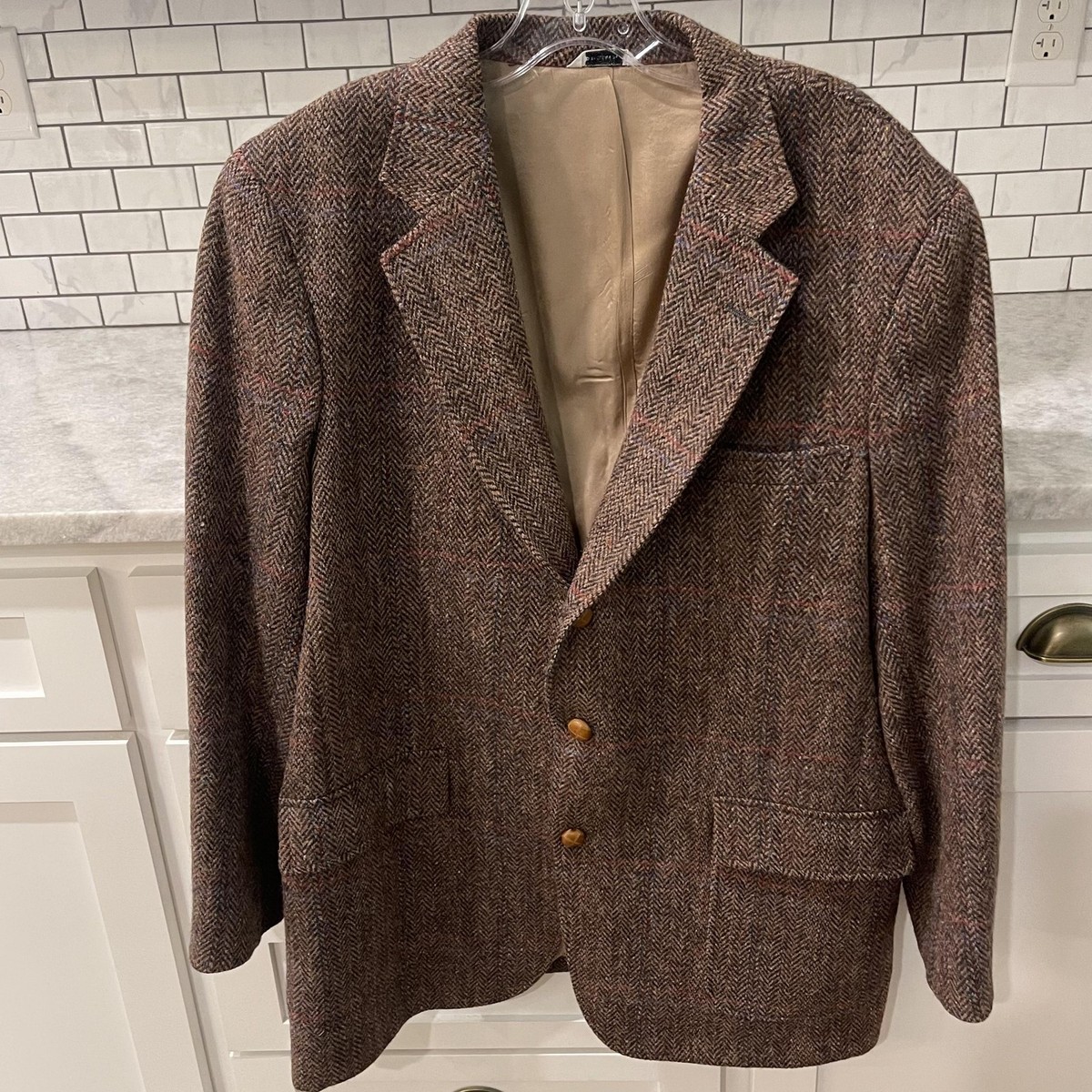 Vintage Harris Tweed Blazer Mens 48 Brown Herringbone Wool Sport