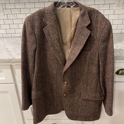 80s Vintage　Herringbone Tweed Coat Vintage Harris Tweed Blazer Mens 48 Brown Herringbone Wool Sport