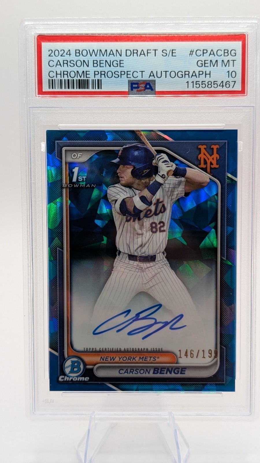 2024 1st Bowman Draft Chrome Sapphire Ref Carson Benge Auto 168/199 RC SP PSA 10