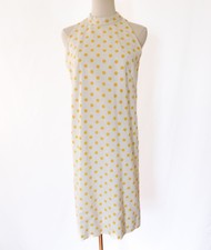 Vintage 60s Linen White w/ Yellow Polka Dot Sleeveless Mini Shift Dress Retro SM
