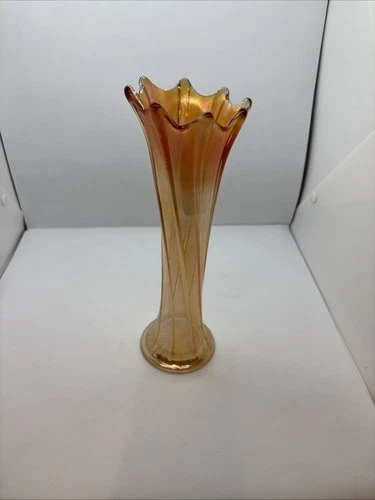 Vintage Fenton Marigold Carnival Glass Vase 10” Tall Ruffled Rim Ribbed Pattern