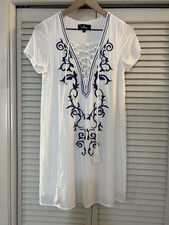 Lulu's Down In Kokomo Shift White Blue Embroidered Dress Lace Up Coverup Small