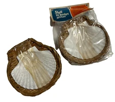 SEASHELL Bamboo Basket Server Vintage Set of {4} Bacon Basketware UNUSED