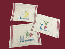 3 Vtg Linen Tea Kitchen Towels Stripes Embroidered Days of week