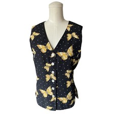 Vintage 90s Norton McNaughton Petite Size 12 Black Yellow Butterfly Vest Button