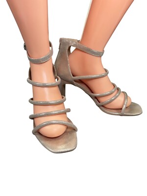 Bradshaw Metallic Silver Strappy Block Heel Sandals With Zipper Back Ankle Strap