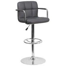 Contemporary Gray Quilted Vinyl Adjustable Height Bar Stool with Arms