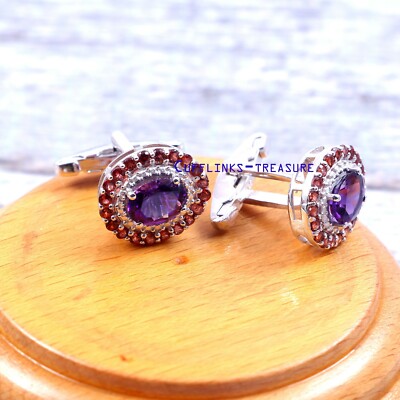 Natural Garnet & Amethyst Gemstones with 925 Sterling Silver Cufflinks #C7970