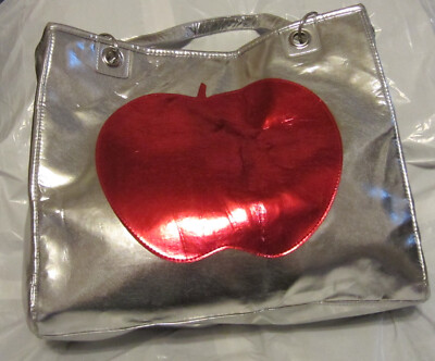 Bag Nina Ricci Parfums Double Handle Shoulder Bag Purse Silver Lame Red Apple