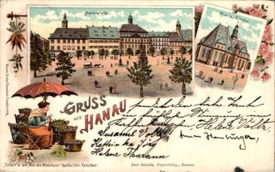 LITHO GRUß AUS HANAU MAIN KINZIG WART'S AB WIE DIE HANAUER GELLERÜBE WEIBER 1899 - Bild 1 von 2