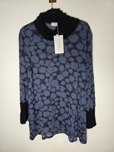 Terra Womens Long Sleeve Blue Flowy Tunic Top Sz L Cowl Neck Sz L NWT Lagenlook