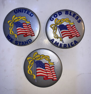 3 Vtg God Bless America, United we stand￼ & American flag -pin buttons