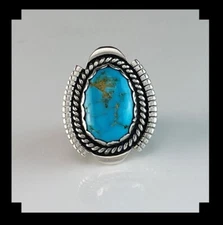 Sterling and Kingman Turquoise Ring by Navajo Artist Joe Paul Size 9 3/4