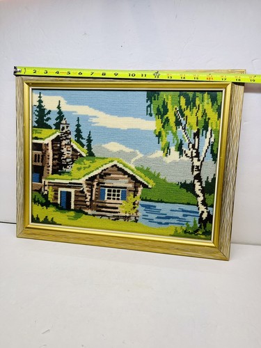 Vintage Framed Crewel Art Embroidery Wool Handmade Needlepoint Cabin 18.5”x14.5” - Picture 8 of 9