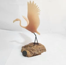 John Perry Flamingo Bird Sculpture Figure On Bural Wood - 7” X 8”