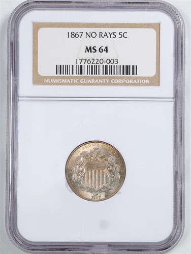 1867 No Rays 5C Shield Nickel MS64 NGC 1776220-003