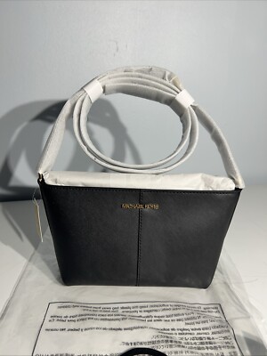 MICHAEL KORS JET SET TRAVEL SMALL TOP ZIP CROSSBODY LEATHER BAG PURSE BLACK GOLD