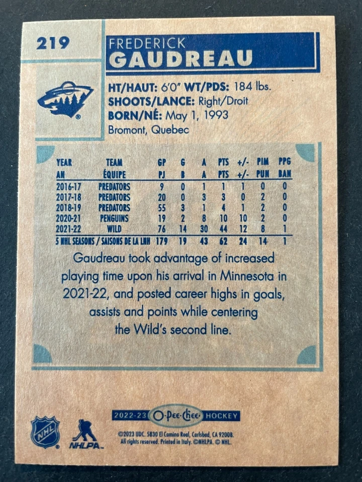 Frederick GAUDREAU 2022-23 O-Pee-Chee Retro Parallel #219 Minnesota Wild - Image 2 of 2